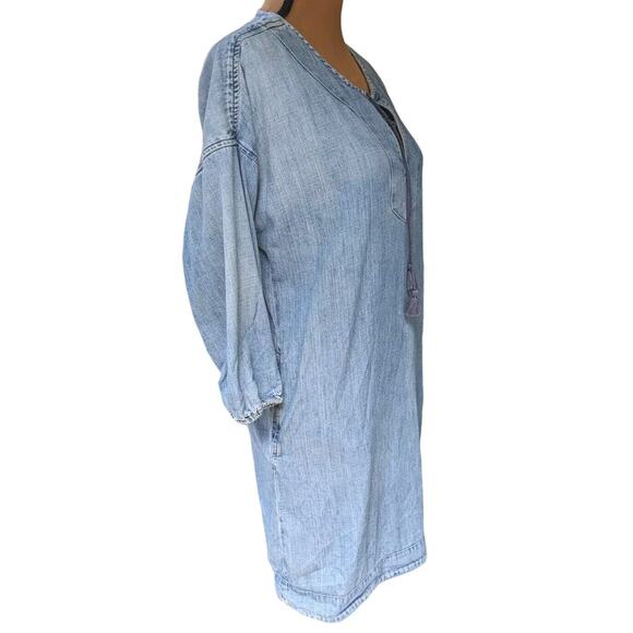 Small Oversized Chambray Lounge Dress Pockets Tassels Beachy Boho Coastal Loft - Picture 3 of 10